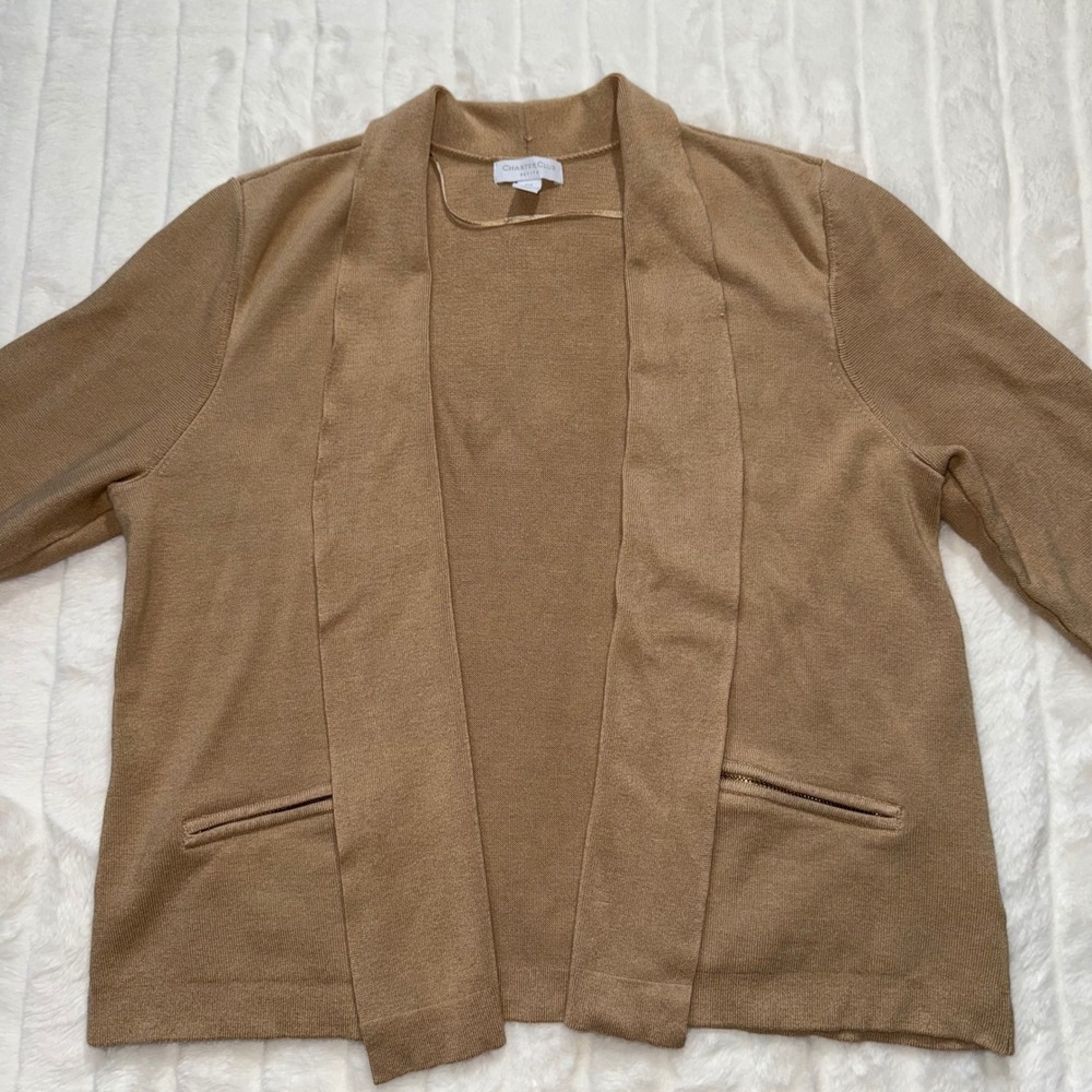 Charter Club Petite Knit Open Front Cardigan Tan P/L Zipper Pockets - Picture 4 of 10